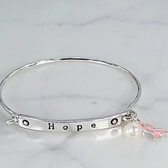 Breast Cancer Hope Bracelet Pink Ribbon & Freshwater Pearl Charms Silver… - Picture 2 of 11